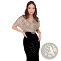 Gold sequined v-neck formal gown featuring a shimmering top with flutter sleeves paired with a black velvet skirt