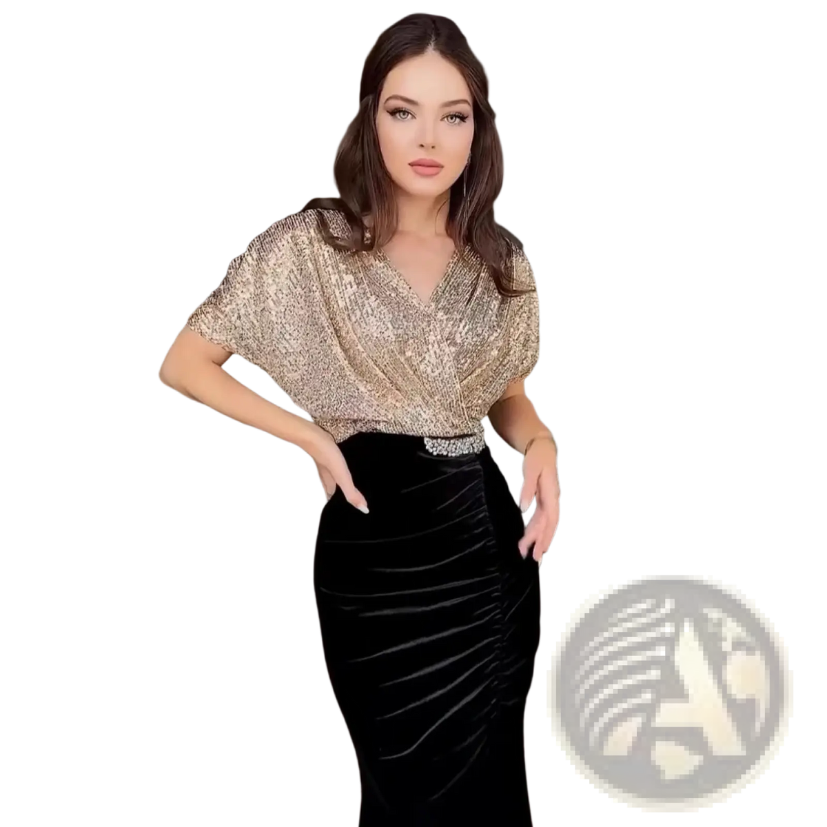Gold sequined v-neck formal gown featuring a shimmering top with flutter sleeves paired with a black velvet skirt