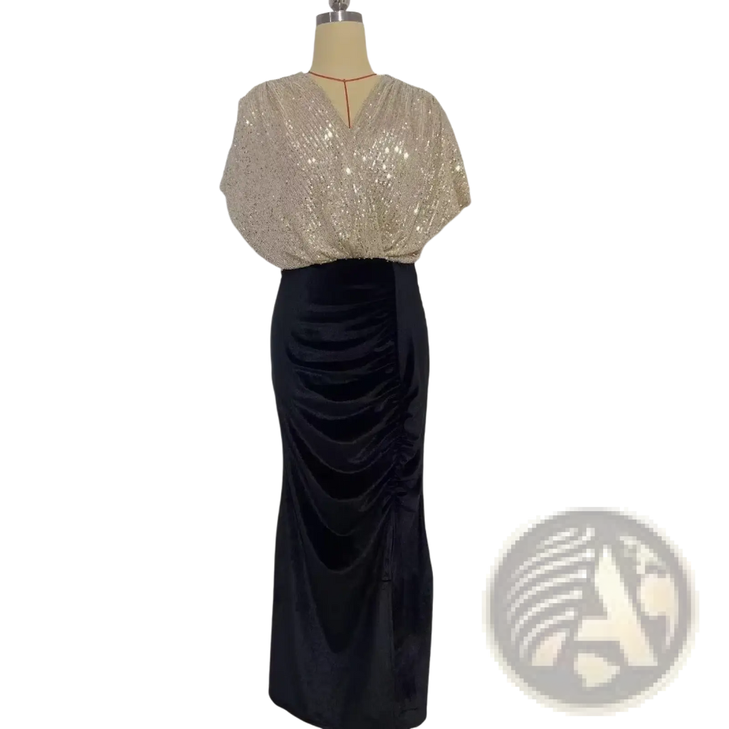 Gold sequined v-neck a-line formal gown with short puffed sleeves and a black satin ruched skirt