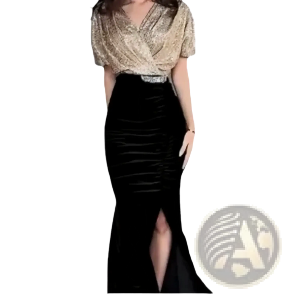A gold sequined short-sleeve top with v-neckline and ruched bodice in a formal a-line gown