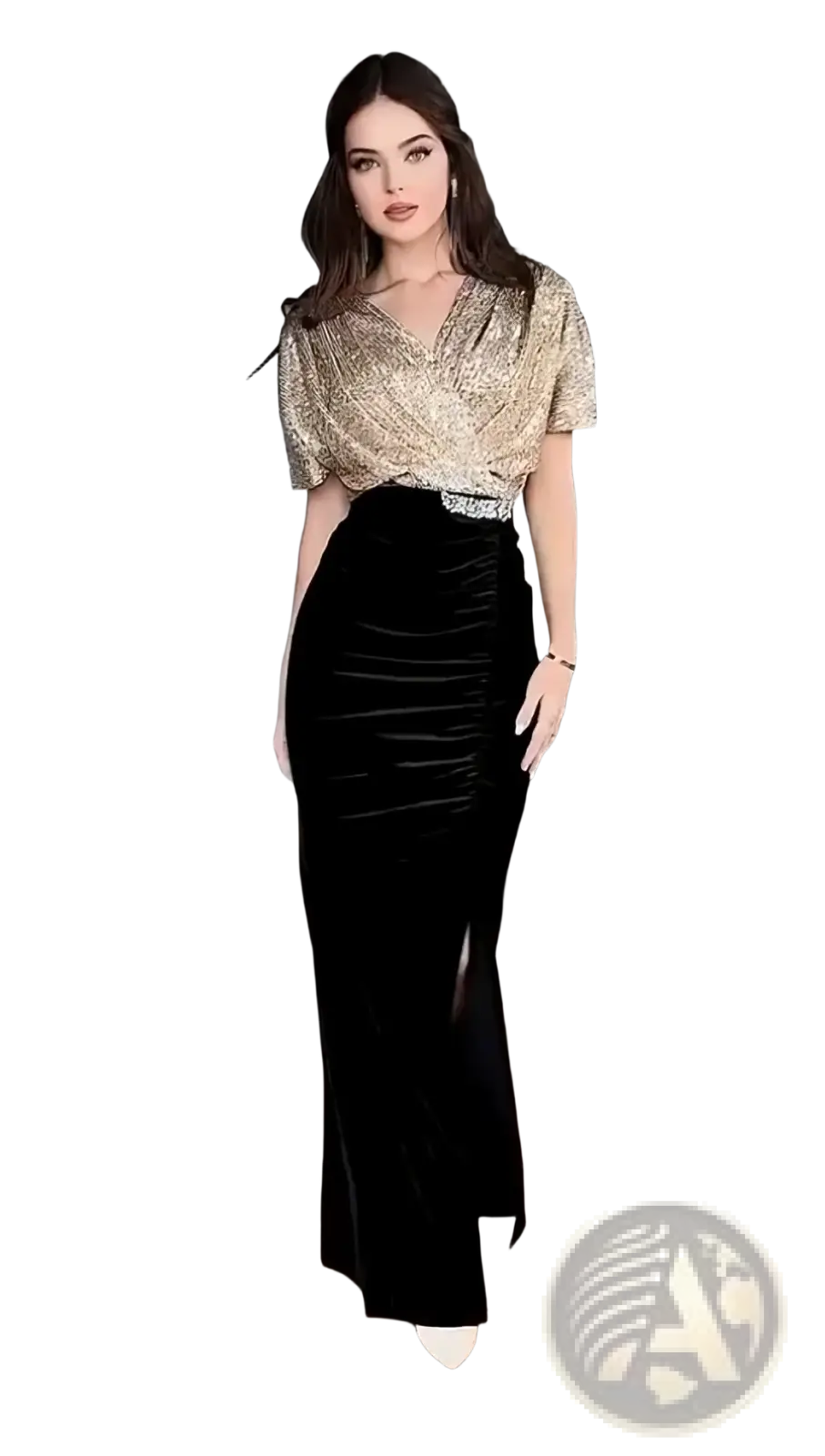 Gold sequined v-neck short-sleeve top with wrapped waistband made of shimmering fabric for formal occasions