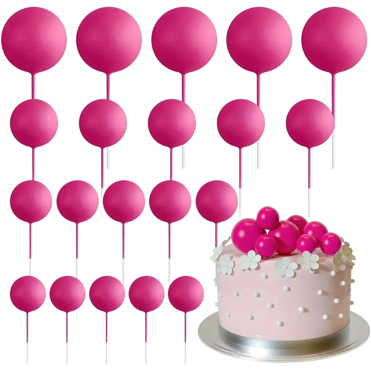 Bright fuchsia balloon-shaped foam cake toppers with slender sticks for birthday party and wedding cake decoration