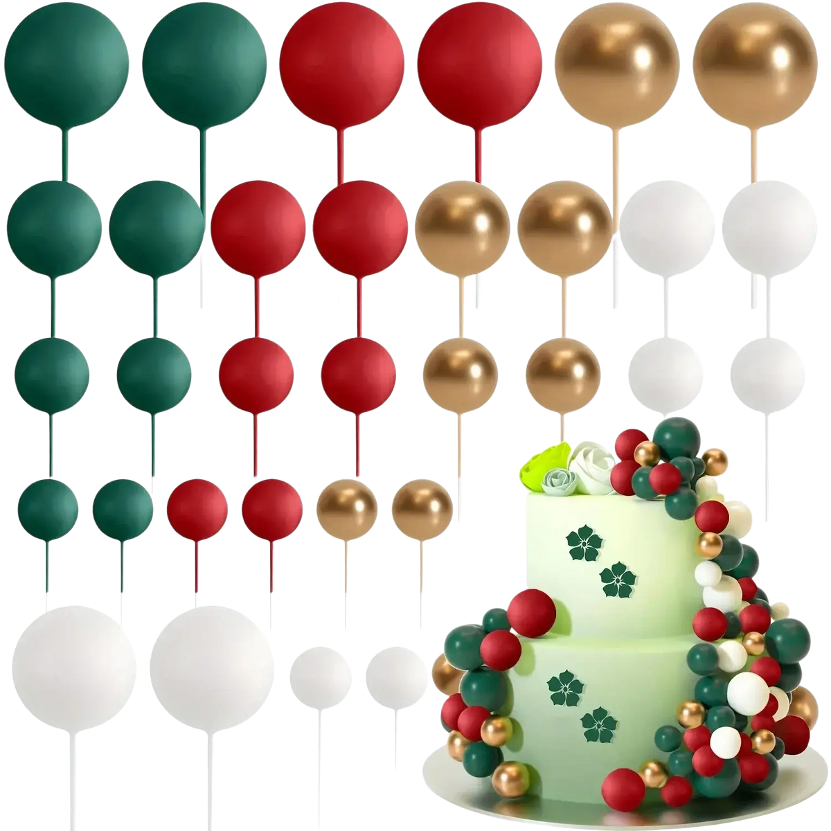Festive ball cake toppers in matte green, glossy red, metallic gold, and white for birthday and anniversary décor