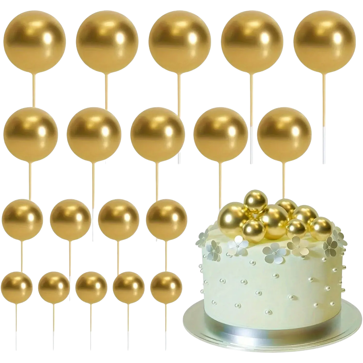 Golden metallic spherical foam cake toppers with slender sticks arranged neatly for birthday party and wedding decoration