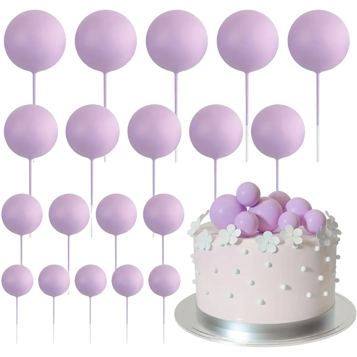 Lavender balloon cake toppers with slender sticks made of gold and silver foam for birthday and wedding party decoration