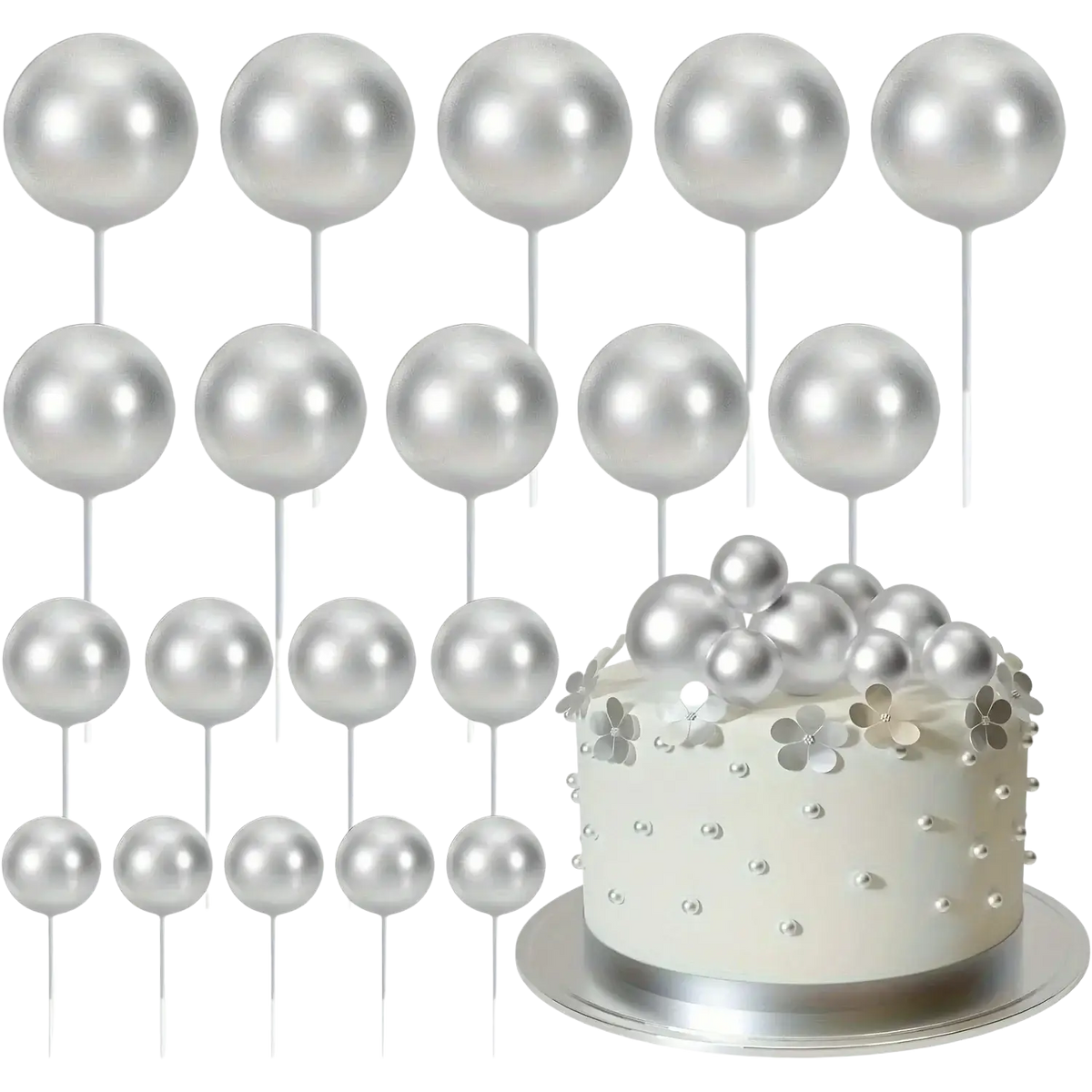 Silver metallic foam balloon cake toppers with slender sticks arranged on a decorated white birthday cake for party decor