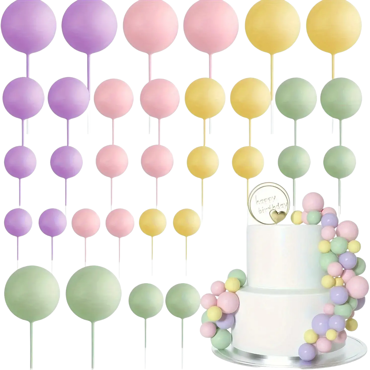 Pastel-colored foam ball cake toppers in soft purple pink yellow and green for birthday wedding party decor