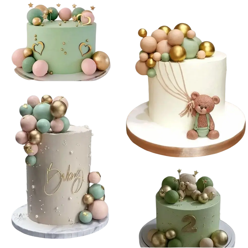 Pastel green frosted cake decorated with pink mint and gold foam balls and golden heart accents for birthday party decor