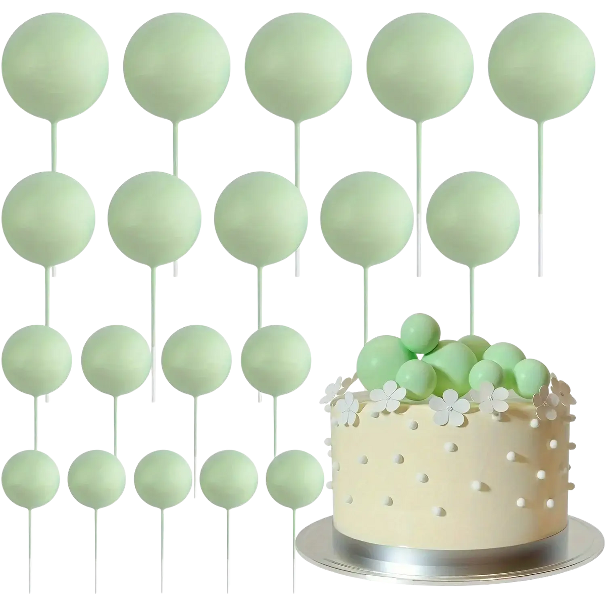 Pastel green spherical foam ball cake toppers with slender white sticks for birthday wedding party decoration
