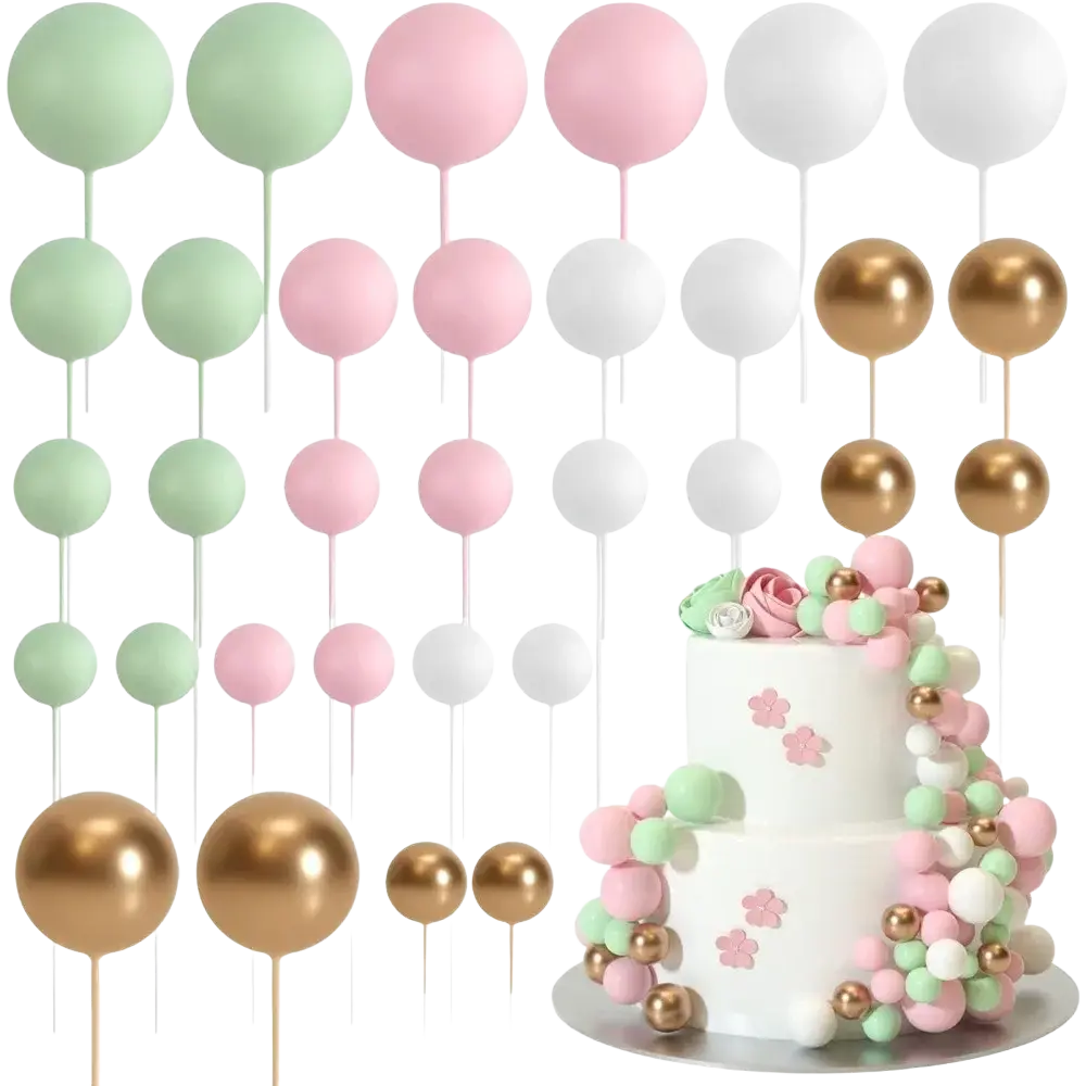 Pastel and metallic balloon cake toppers in matte mint blush pink white and gold foil for birthday party decor