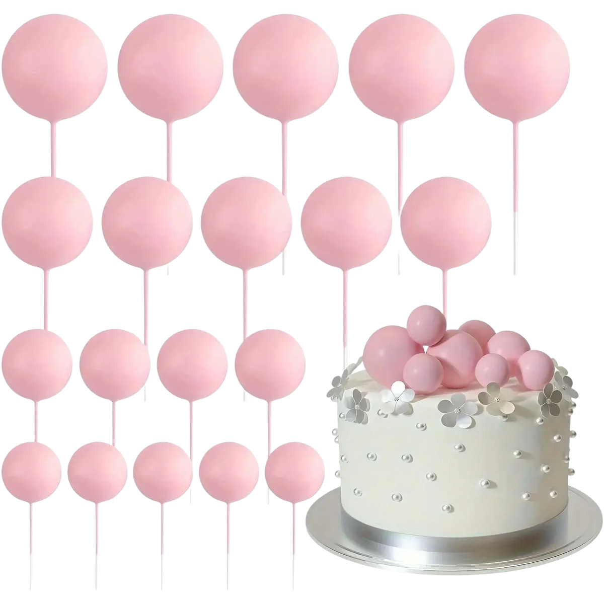 Pink foam ball cake toppers with slender sticks arranged neatly for birthday wedding party anniversary decoration