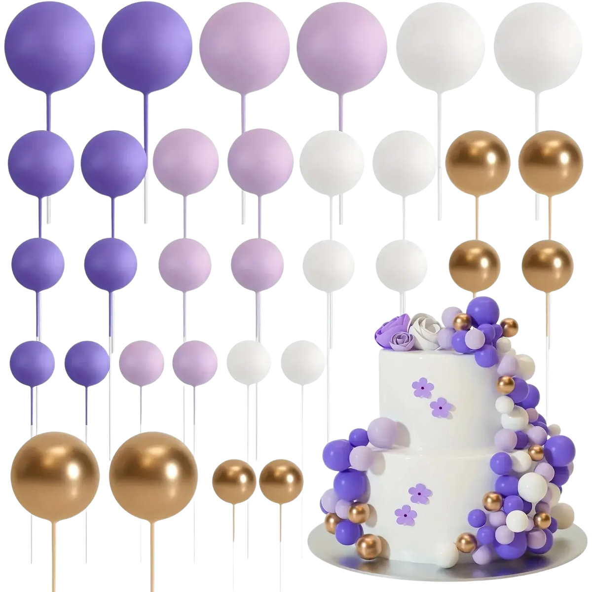 Set of 30 assorted purple white and gold foam ball balloon cake toppers with stick bases for birthday and wedding decor
