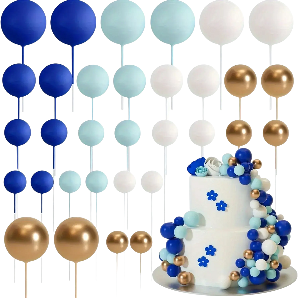 Set of 20 blue light blue white and gold foam ball balloon cake toppers with matte and metallic finishes for party decor