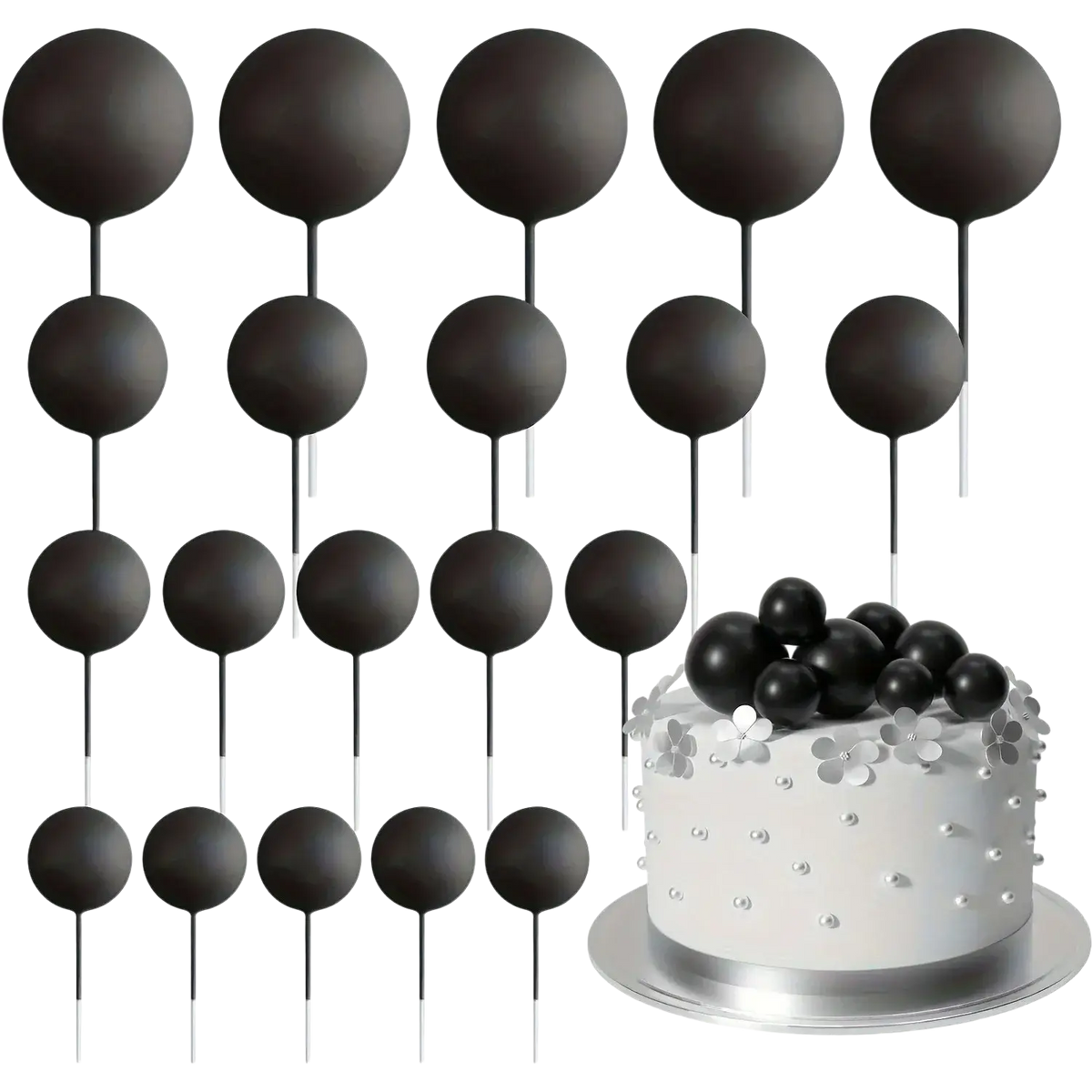 Set of black spherical foam ball cake toppers with slender sticks for wedding birthday and anniversary party decor