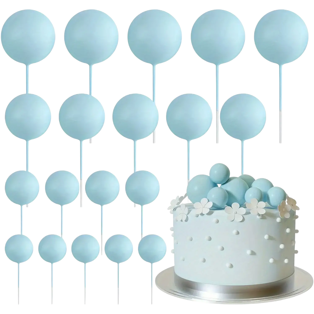 Set of light blue spherical foam cake toppers with thin sticks for happy birthday wedding party and anniversary decor