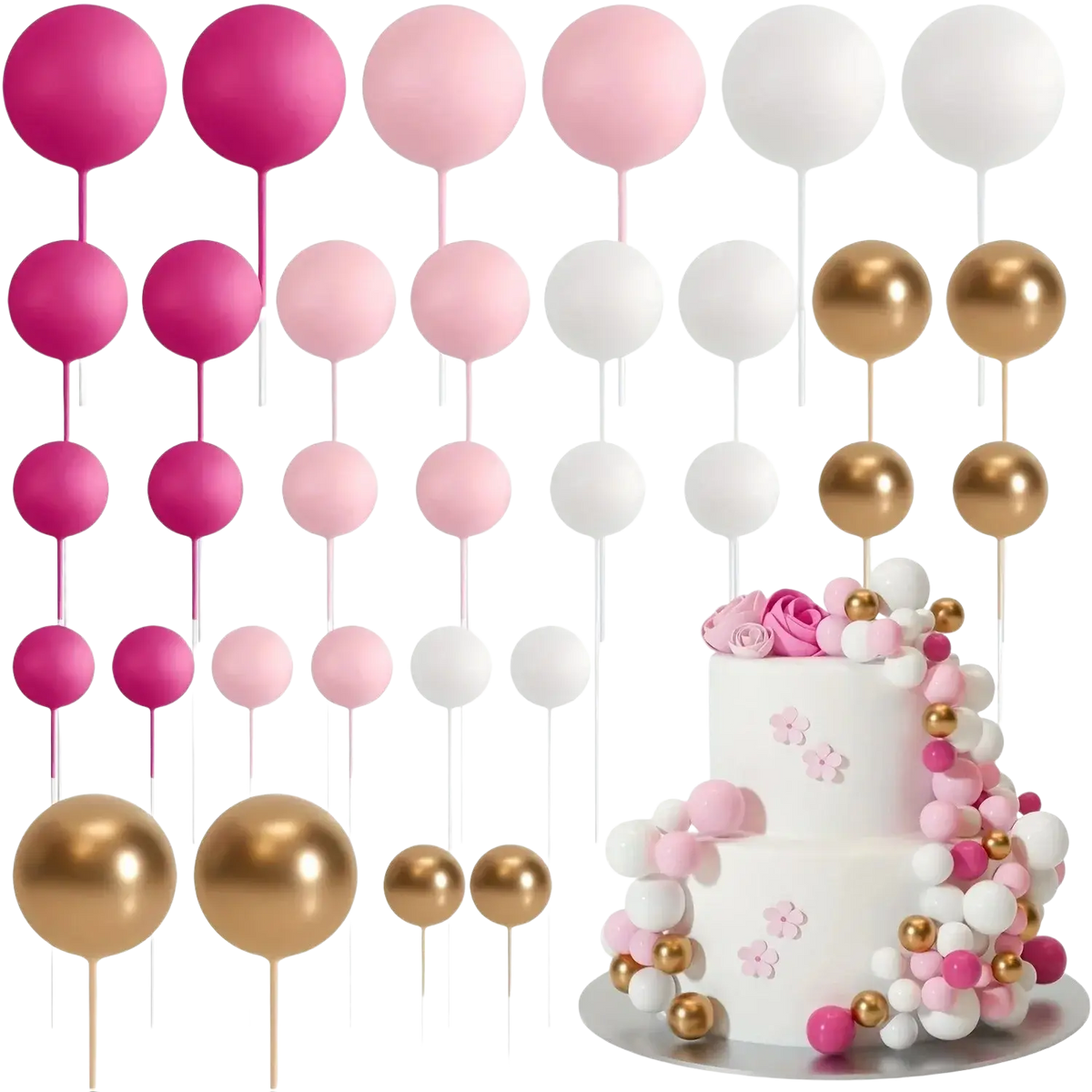 A set of 20pcs pink white and gold balloon cake toppers with matte and metallic foam balls for birthday and wedding decor