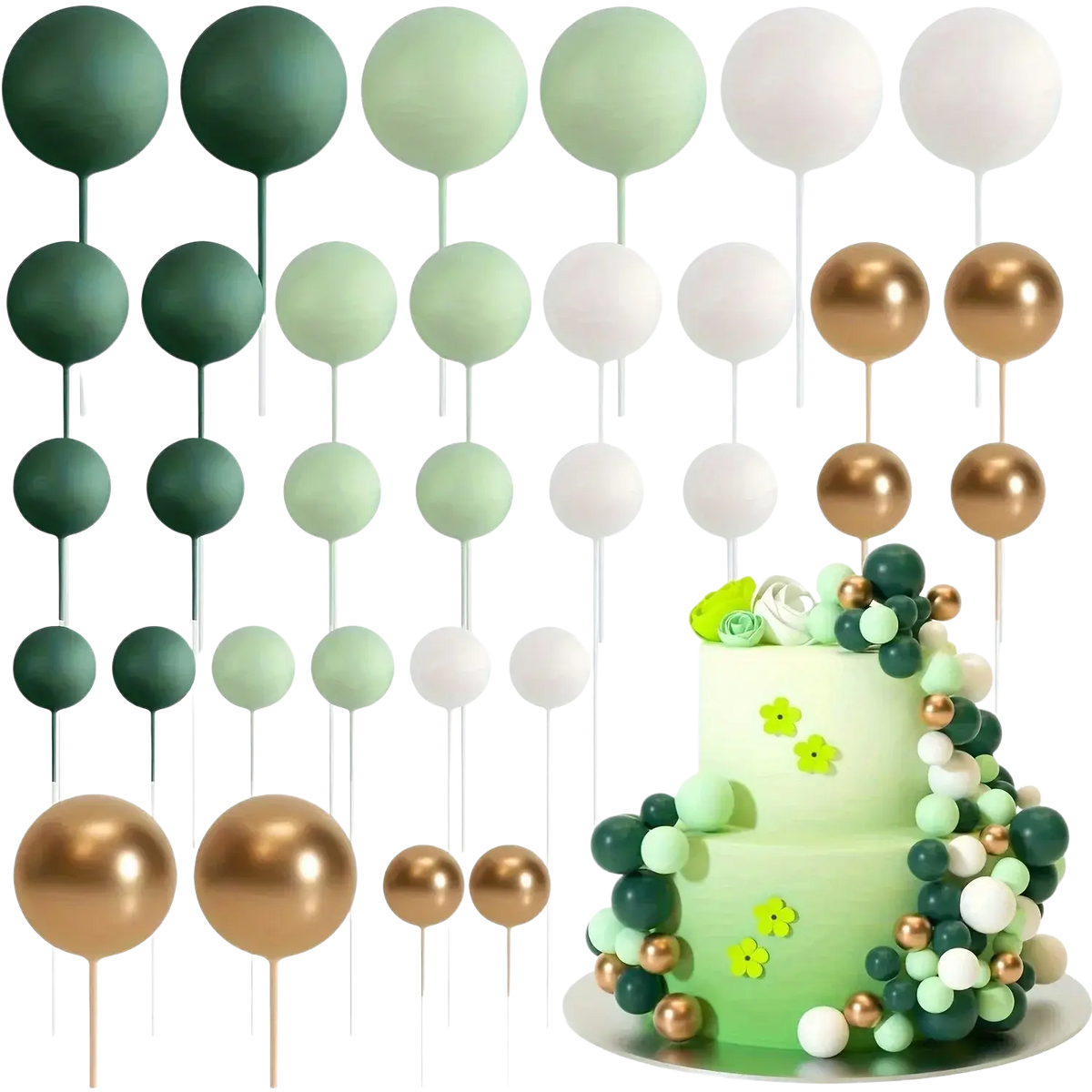 Set of 20 round cake toppers in matte green, mint, white, and metallic gold for birthday wedding party decor