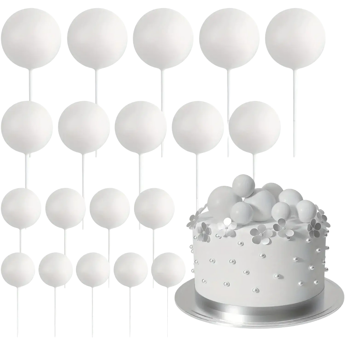 White spherical foam ball cake toppers with thin sticks arranged in rows for birthday and wedding party decoration