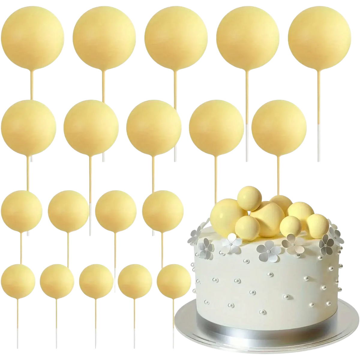 Yellow spherical foam ball cake toppers on wooden sticks for happy birthday wedding party anniversary decor