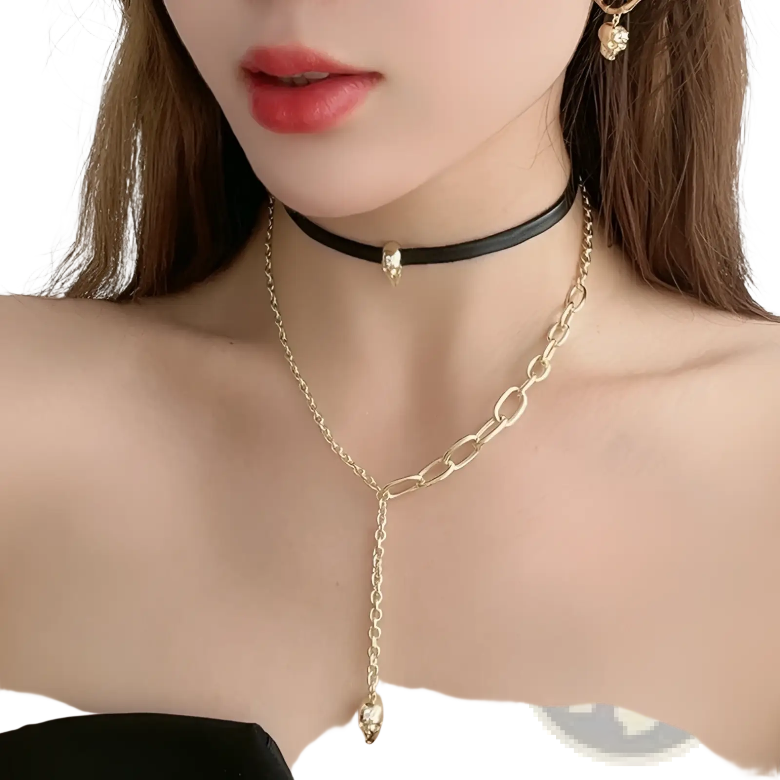 Gold-toned skull pendant necklace with layered thin choker and longer chain accented by matching skull charms