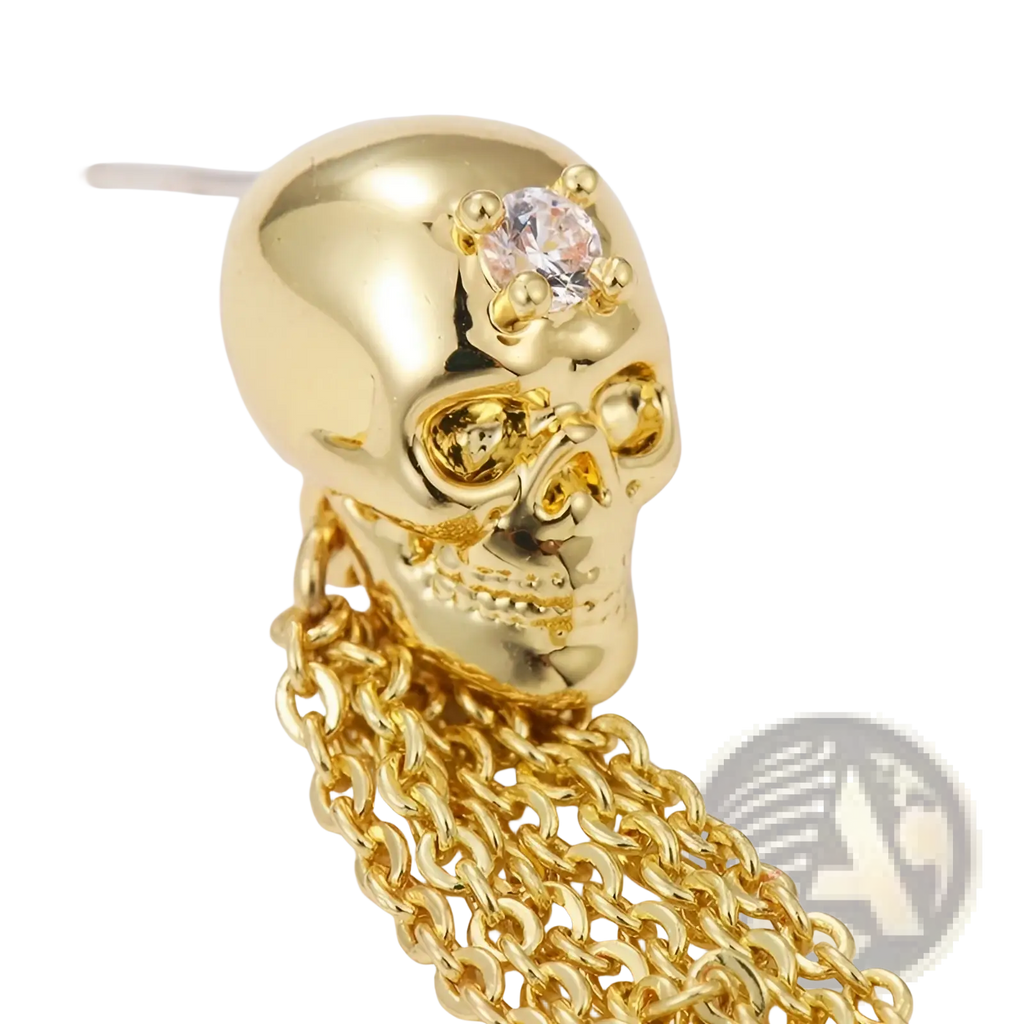Gold skull tassel earrings featuring a pink zircon gemstone and cascading gold chain tassels for elegant wear