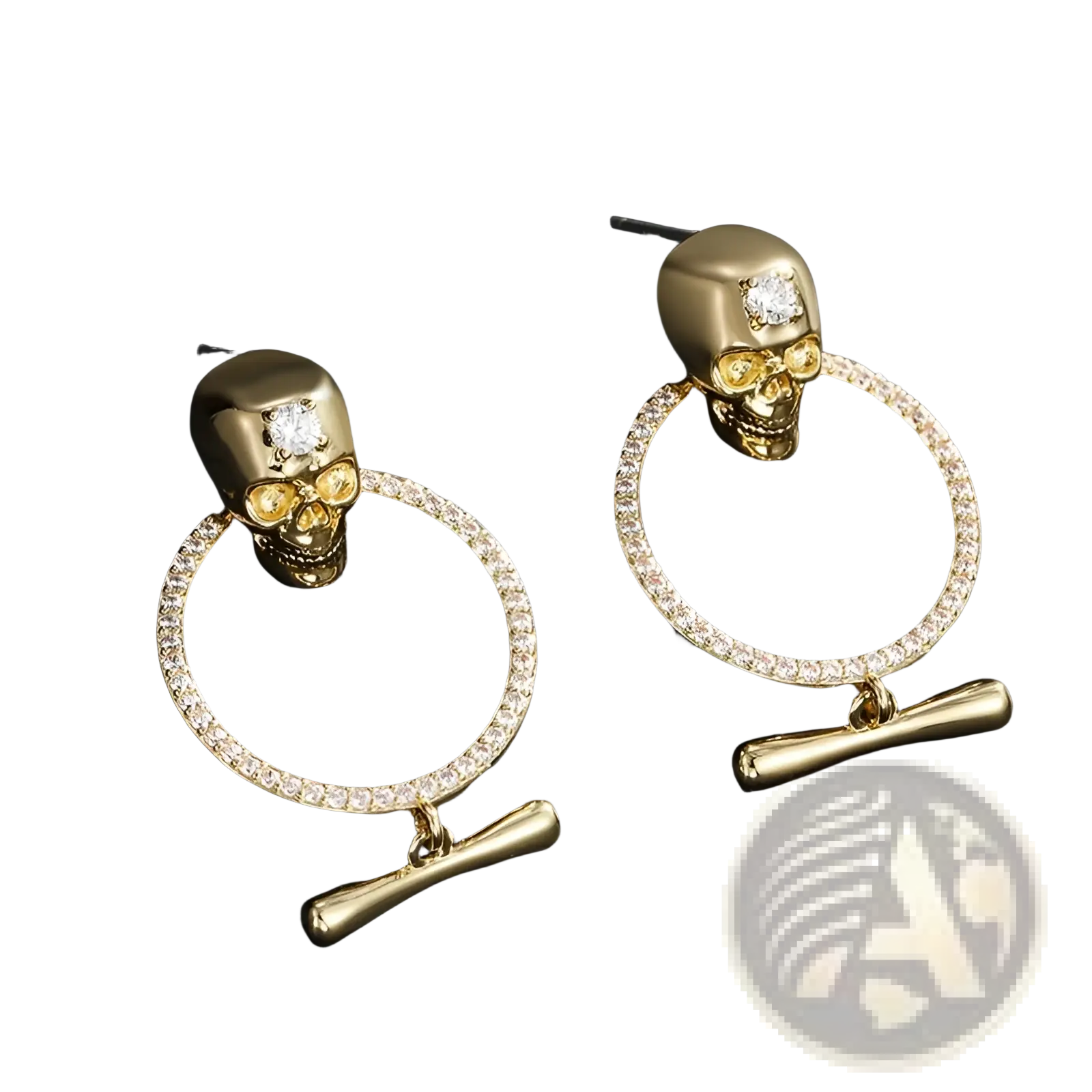 Gold skull tassel earrings with zircon accents featuring gold skulls, diamond-encrusted hoops, and bone toggle clasps