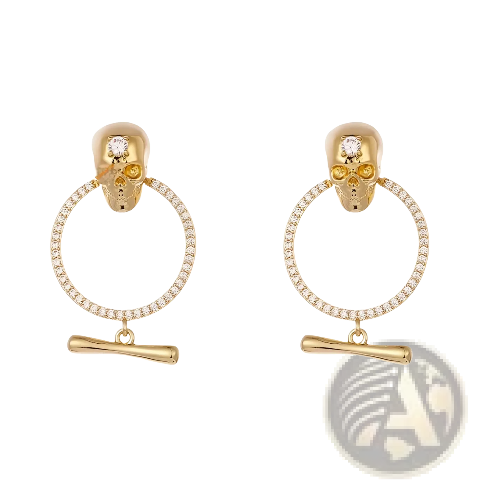 Gold skull tassel earrings featuring gold-plated skulls with diamond-encrusted hoops and bone-shaped pendants