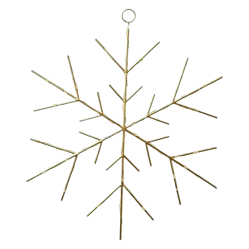Gold-colored metal snowflake ornament with a hanging loop for Christmas tree and wreath decoration