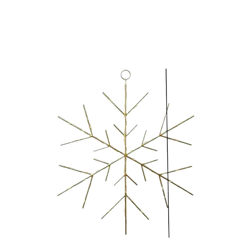 Gold snowflake Christmas tree and wreath ornament made of metal with a gold finish and a hanging loop at the top