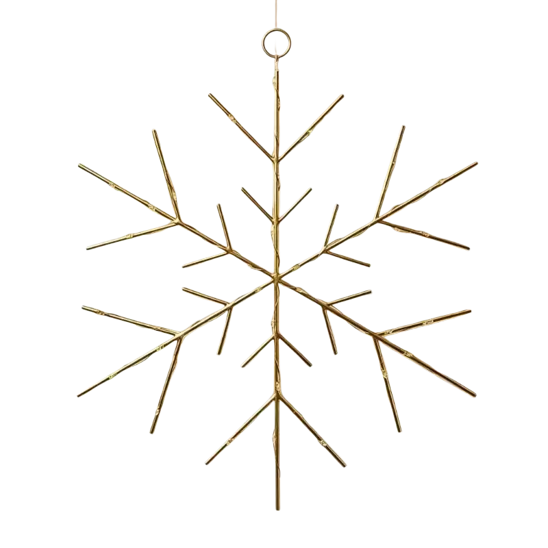 Gold-colored metallic snowflake Christmas tree and wreath ornament with circular top loop hanging decoration