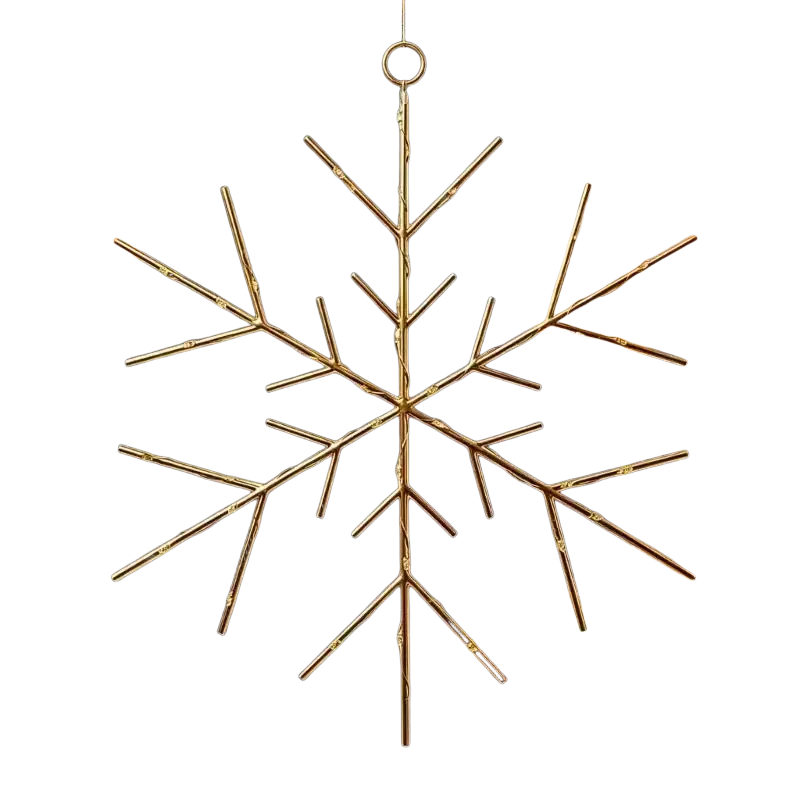 Gold snowflake Christmas tree and wreath ornament in delicate gold-toned metal with branch-like design and hanging loop