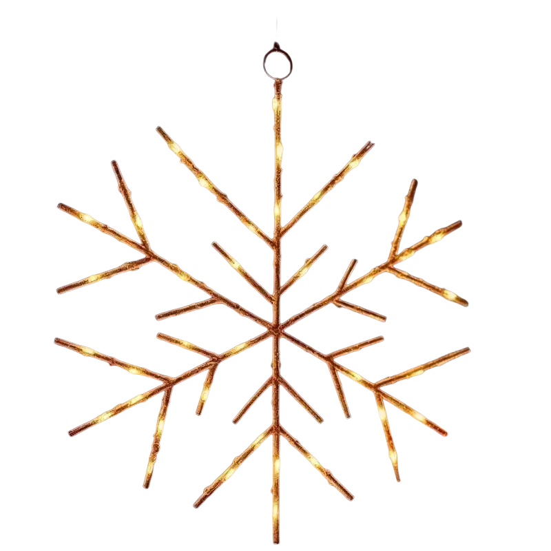 Gold snowflake Christmas tree and wreath ornament glowing with warm white LED bulbs along six branch-like arms