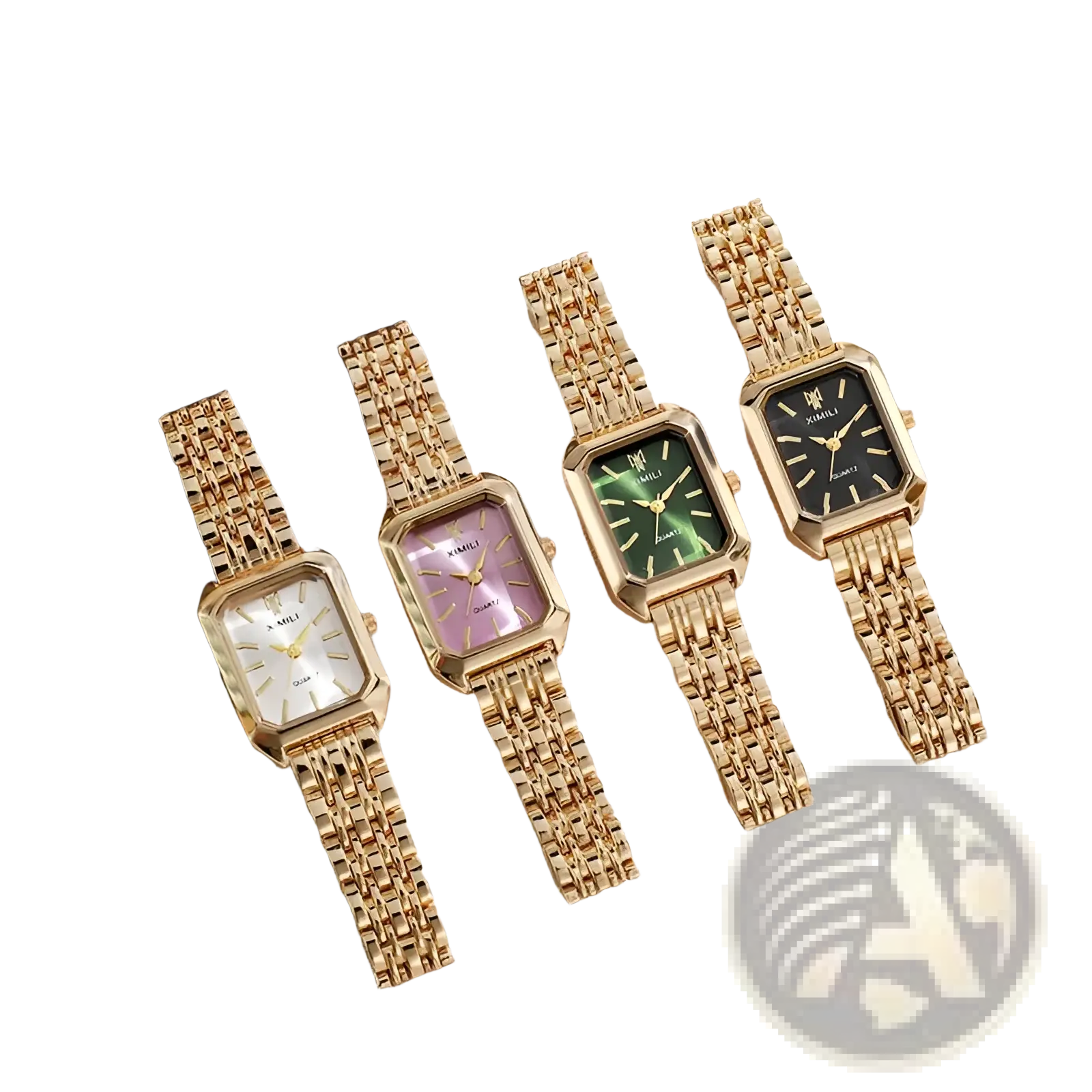 Four gold square quartz watches with stainless steel mesh bracelets featuring white lavender green and black dials