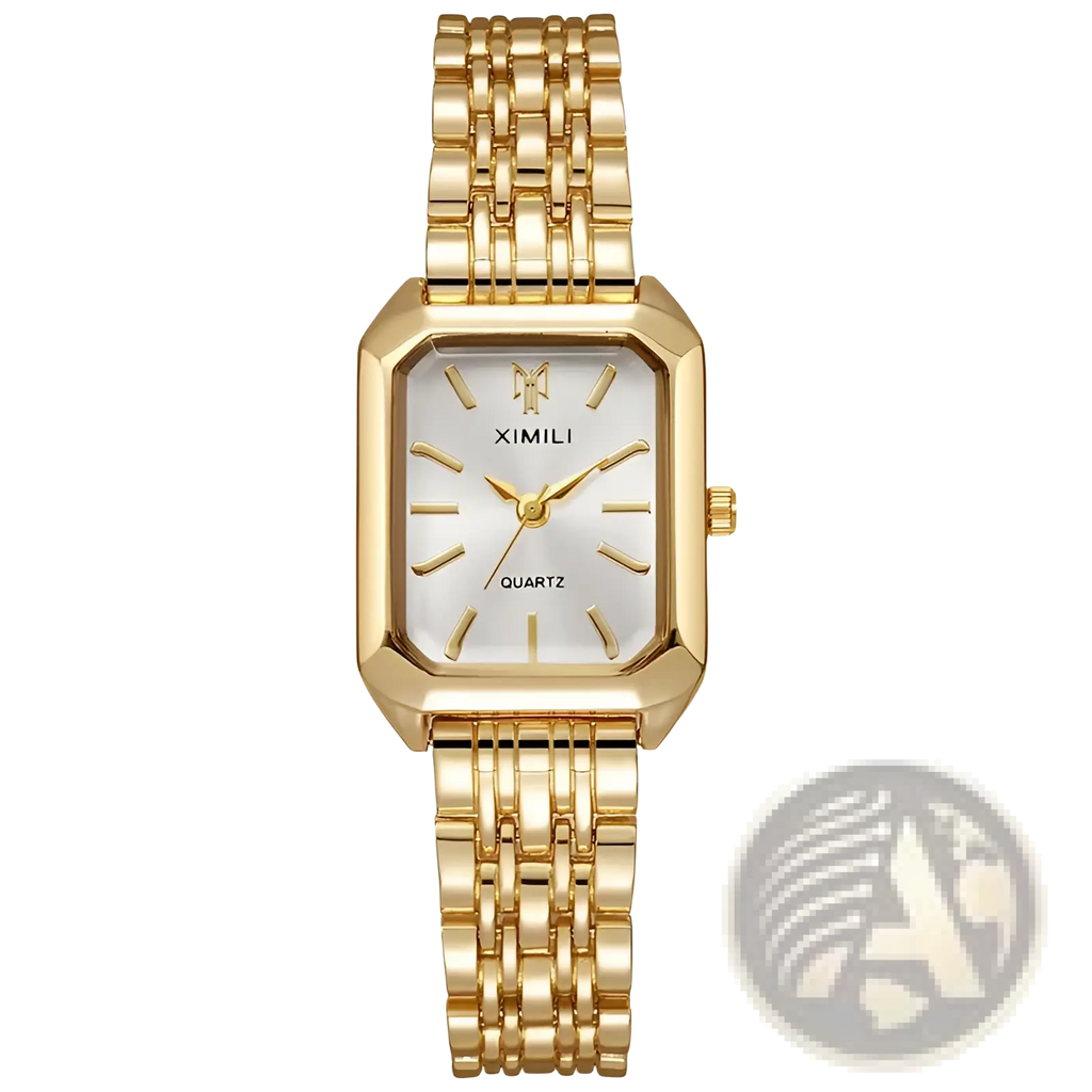 Gold-tone rectangular stainless steel ladies quartz watch with white dial gold hands hour markers by ximili