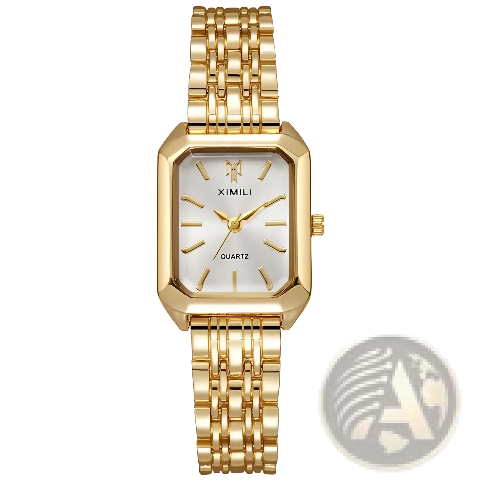 Gold-tone rectangular stainless steel ladies quartz watch with white dial gold hands hour markers by ximili