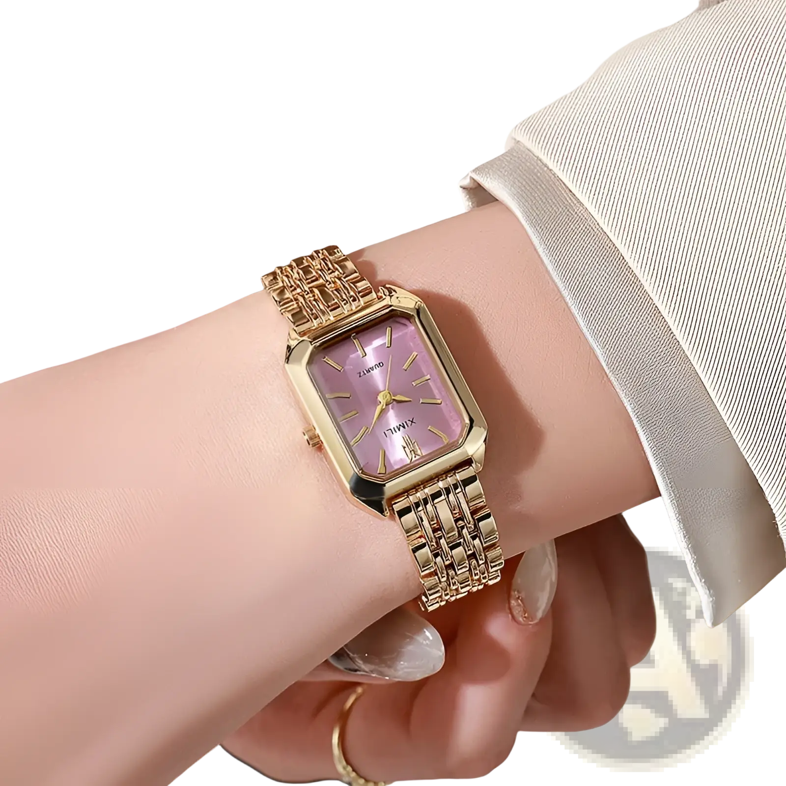 Gold square quartz watch with lavender dial and linked gold-toned stainless steel band worn on wrist