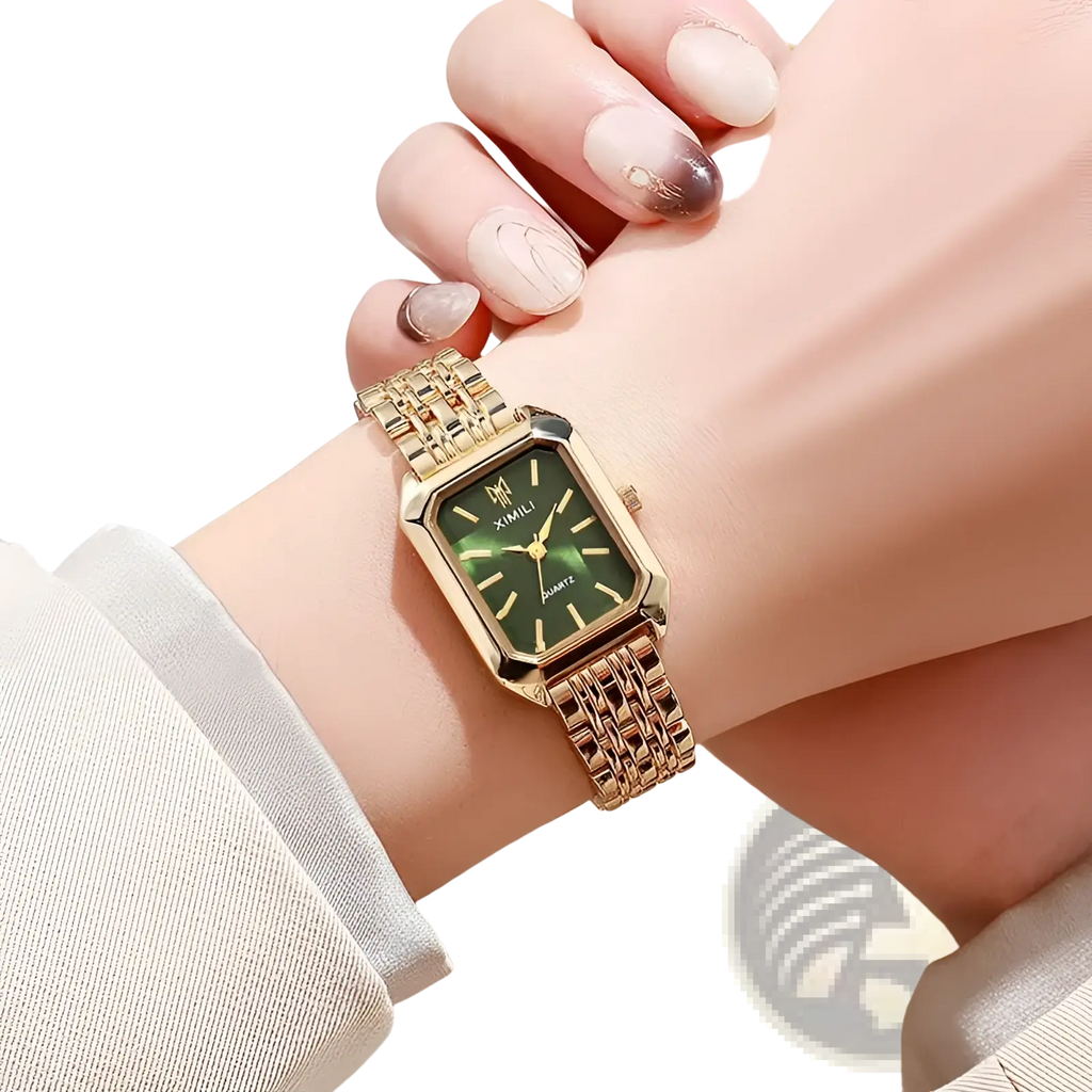 Gold square quartz ladies watch with a gold-toned stainless steel case and deep green dial by ximili