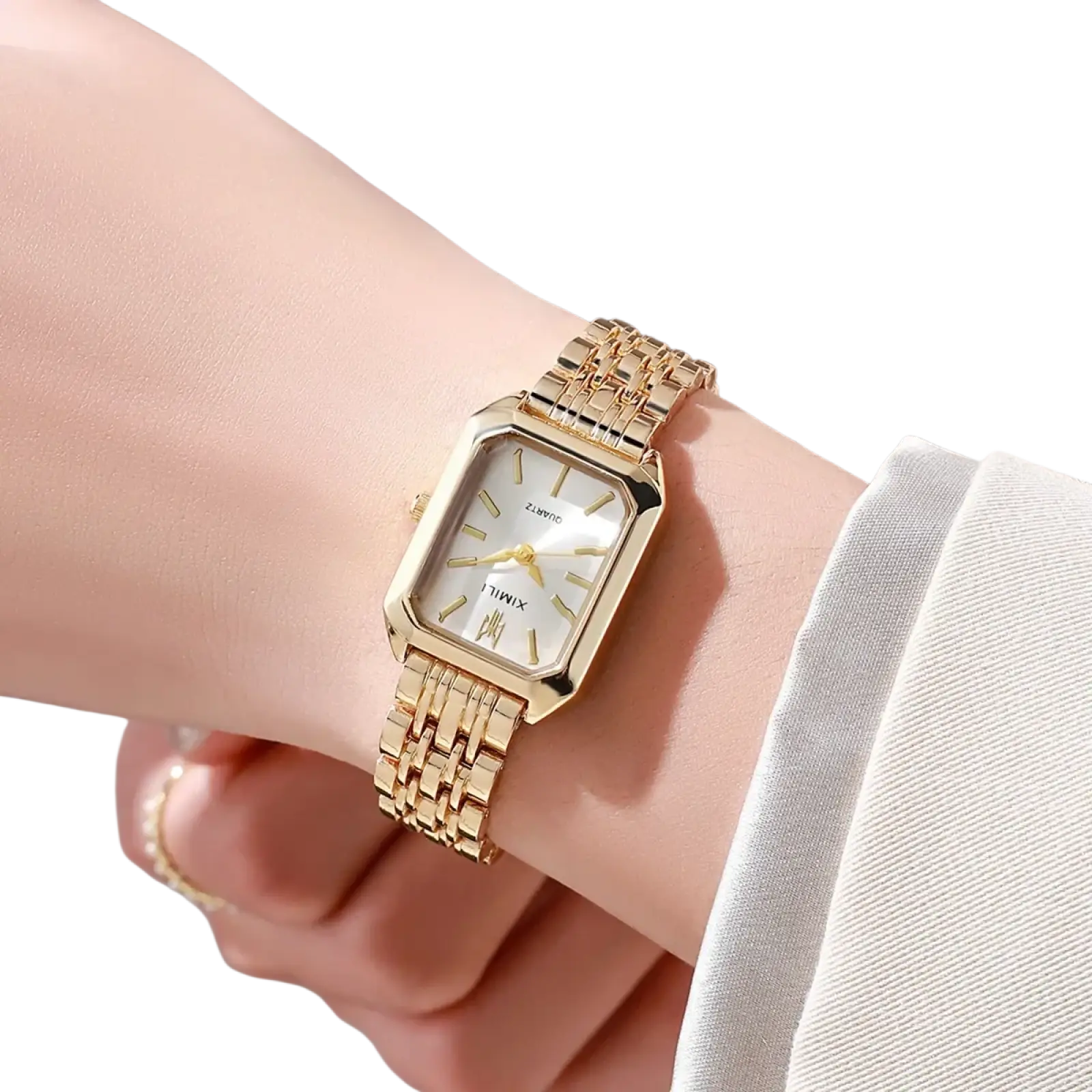 Gold square quartz watch luxury ladies stainless steel with gold-toned rectangular case white dial and mesh bracelet