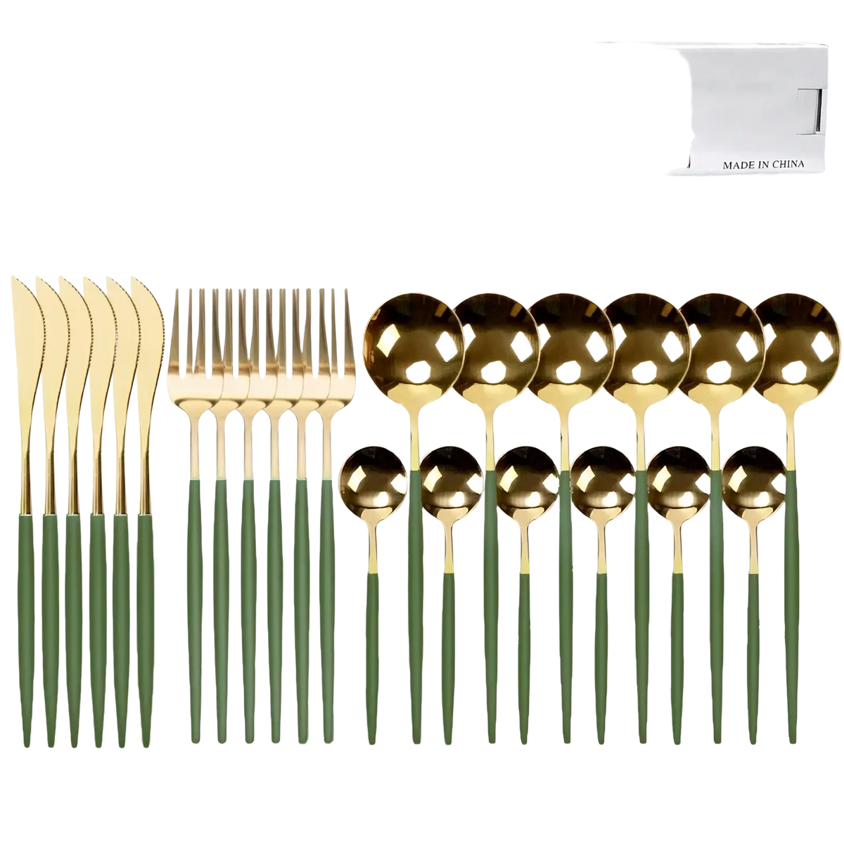 Green gold stainless steel 24-piece cutlery set with polished metallic heads and matte olive-green handles