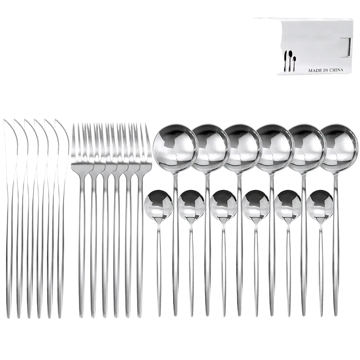 Silver stainless steel 24-piece cutlery set with sleek modern design shown for gold stainless steel 24piece cutlery set