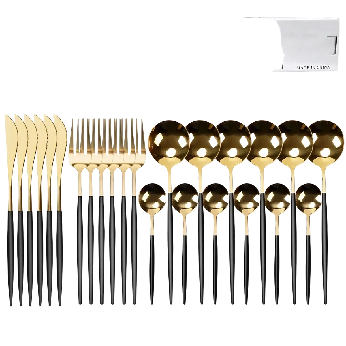 Set of 24 pieces gold stainless steel cutlery with black accents and sleek modern design for stylish dining