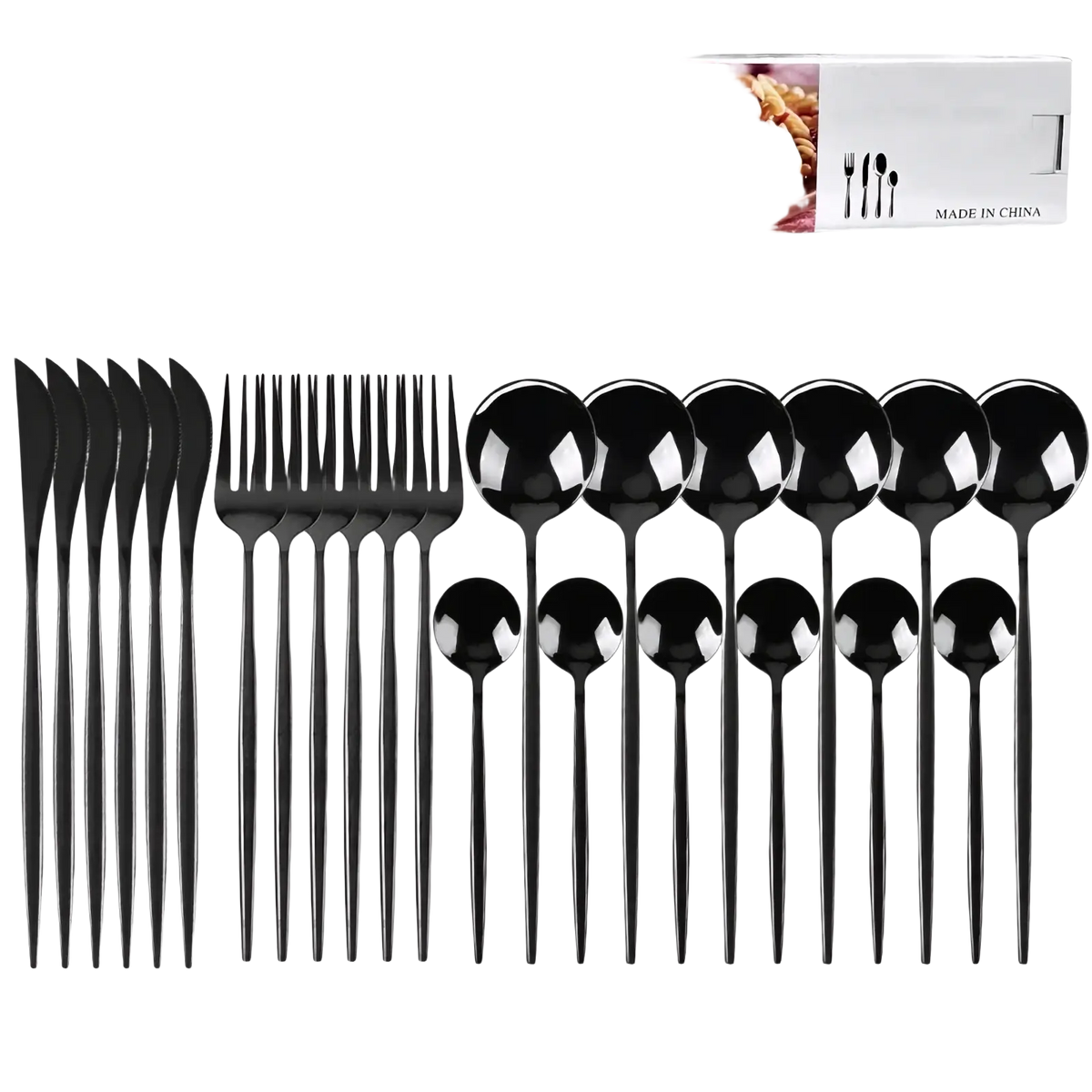 Black 24-piece stainless steel cutlery set with sleek modern design featured in gold stainless steel product title