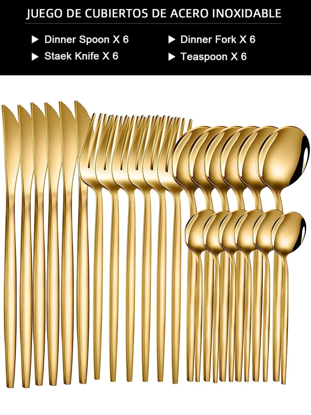 Gold stainless steel 24piece cutlery set with six spoons forks steak knives and teaspoons in sleek modern design
