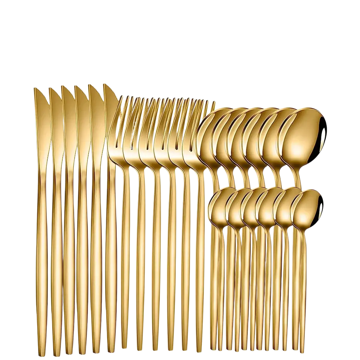 Gold stainless steel 24piece cutlery set featuring a sleek modern design with polished gold-colored flatware
