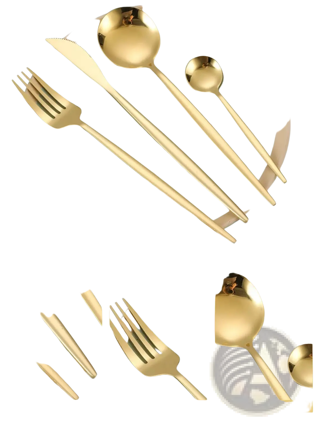 Gold stainless steel 24 piece cutlery set with gold color, sleek mirror-polished finish, and ergonomic handles