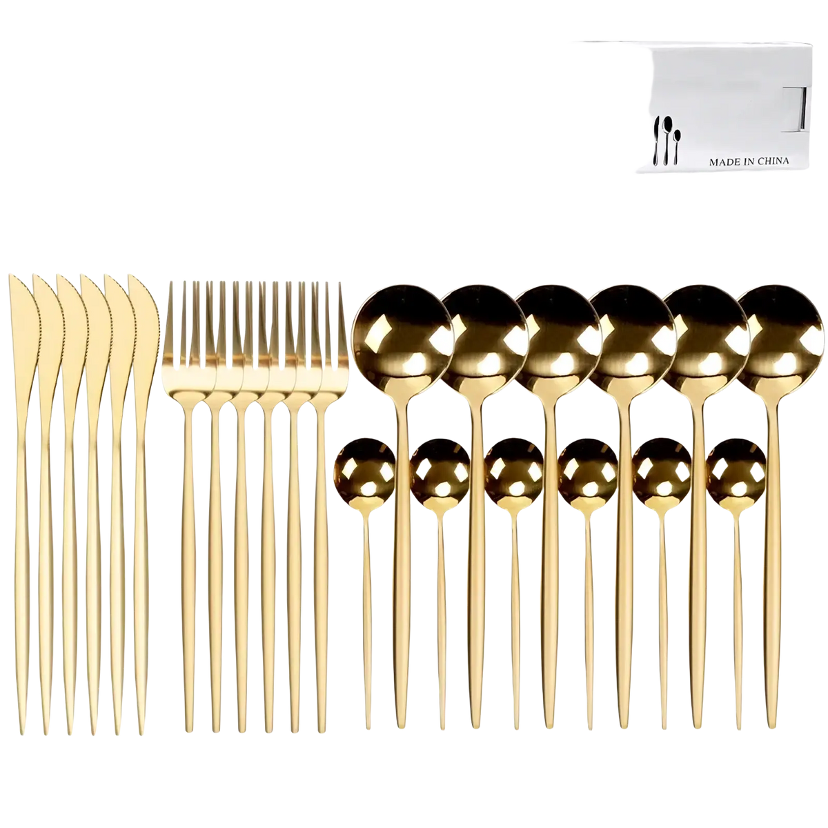 Gold stainless steel 24 piece cutlery set featuring gold-colored stainless steel flatware with a modern minimalist design