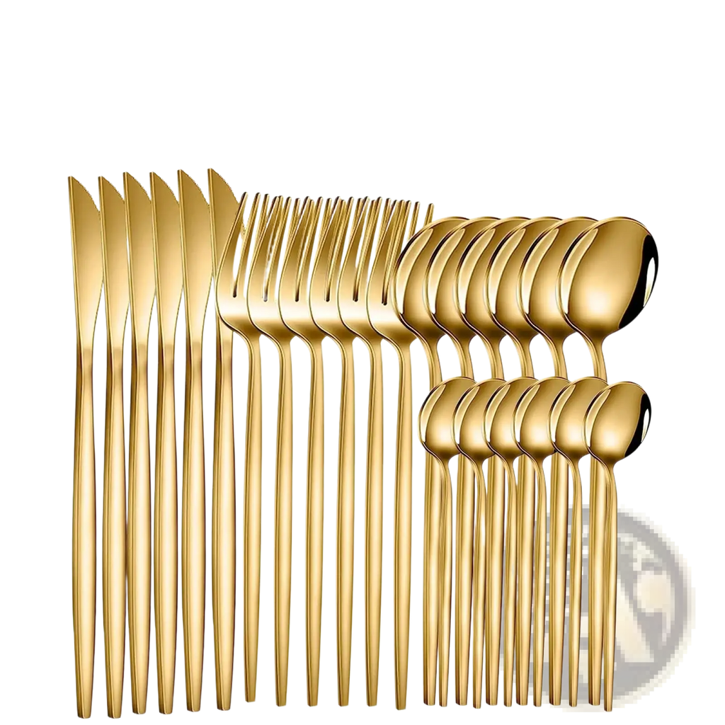 Gold stainless steel 24piece cutlery set featuring a sleek modern design with polished gold-colored flatware