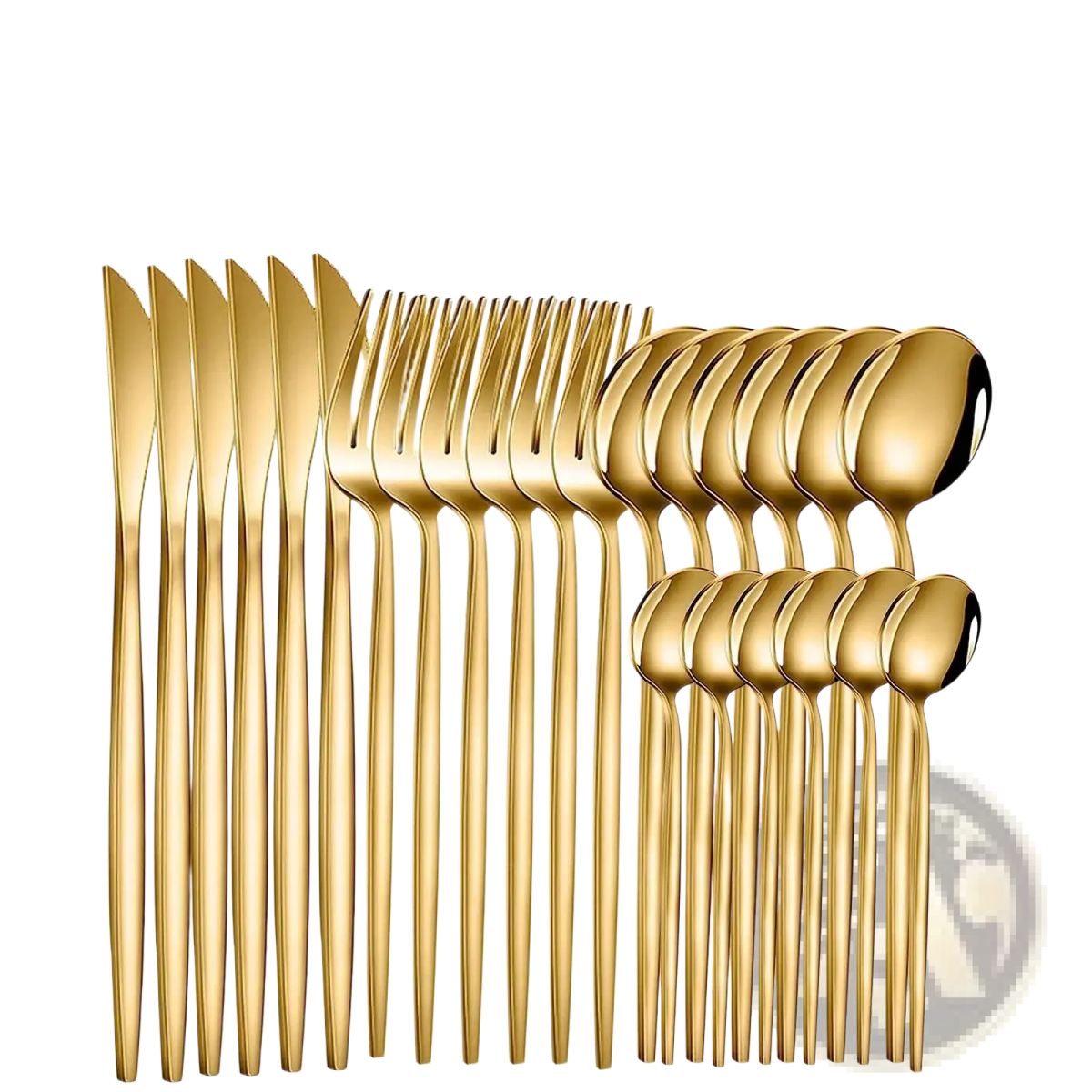 Gold stainless steel 24piece cutlery set featuring a sleek modern design with polished gold-colored flatware