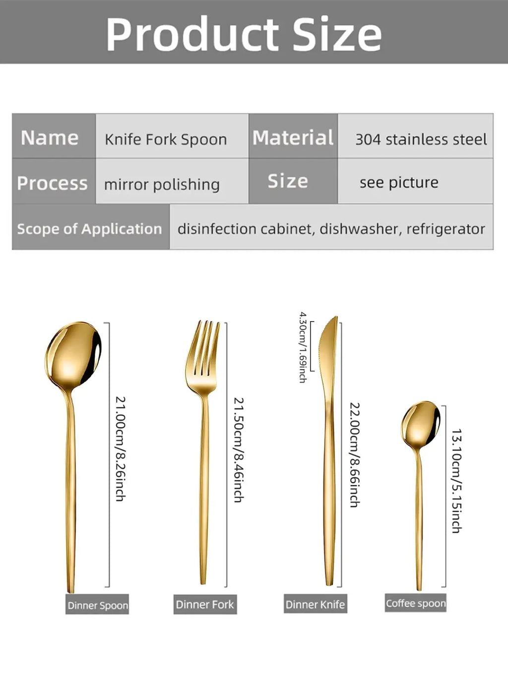 Gold stainless steel 24piece cutlery set featuring gold-finished 304 stainless steel spoon fork knife and coffee spoon