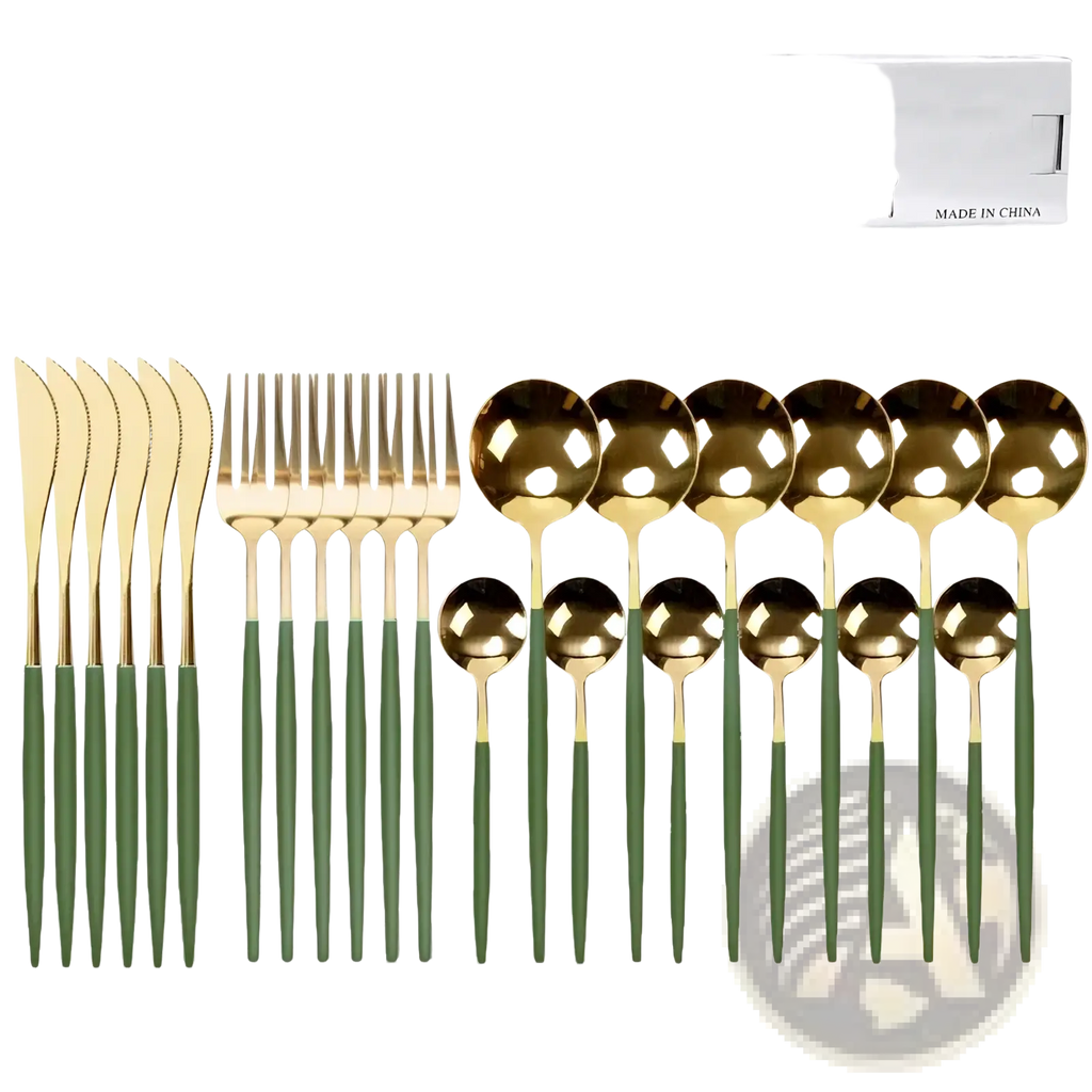 Green gold stainless steel 24-piece cutlery set with polished metallic heads and matte olive-green handles